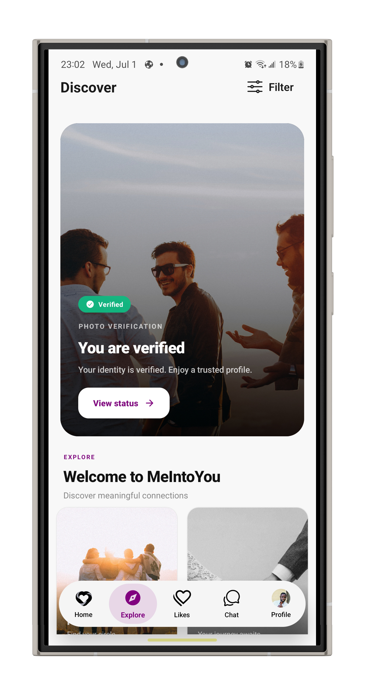 The You are verified card on the MeIntoYou Discover screen